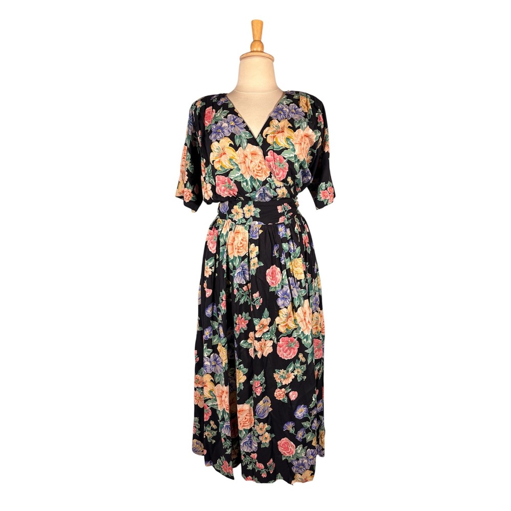 Vintage 80s 90s Floral Midi Dress 14 Retro Grunge Whimsigoth Prairiegoth Moody